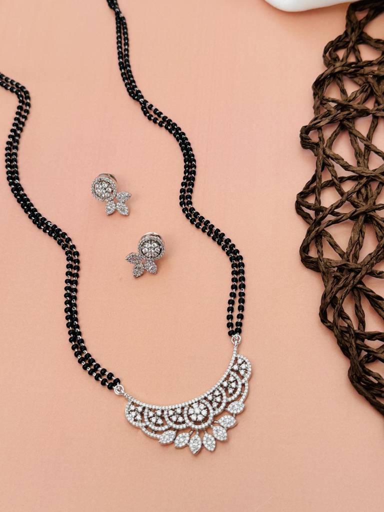 Silver Plated American Diamond Studded & Beaded Mangalsutra Set-Sppjmms18Dvyomr01 : SPPJMMS18DVyomR01