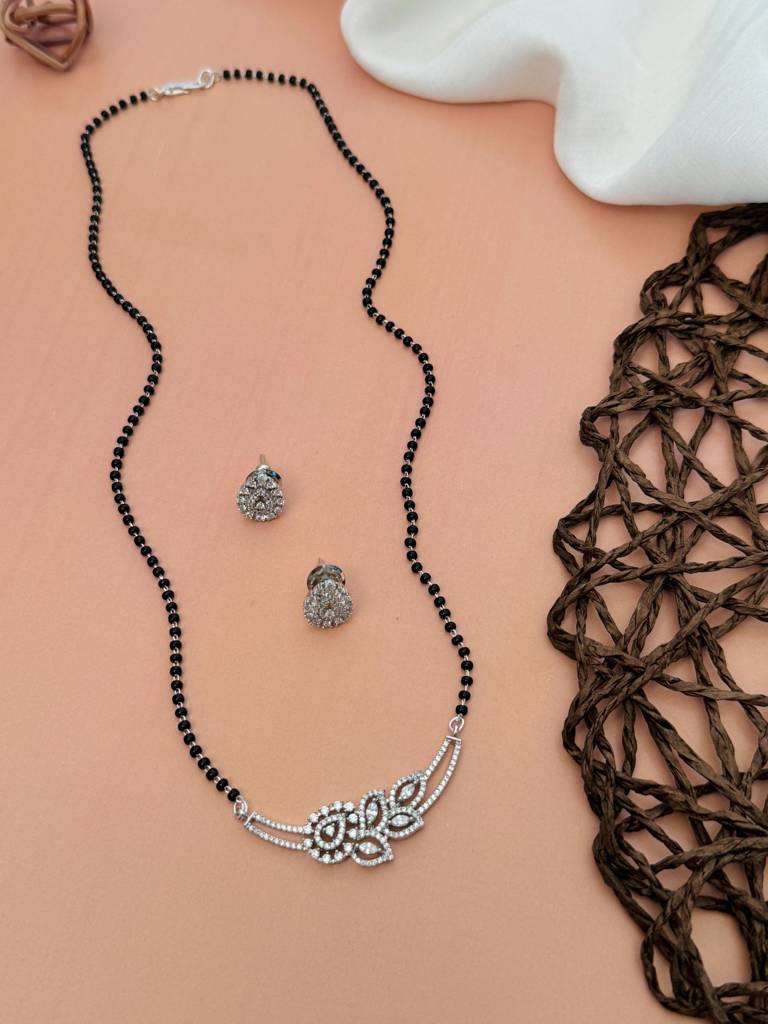 Silver Plated American Diamond Studded & Beaded Mangalsutra Set-Sppjmms18Sgoodr01 : SPPJMMS18SGoodR01