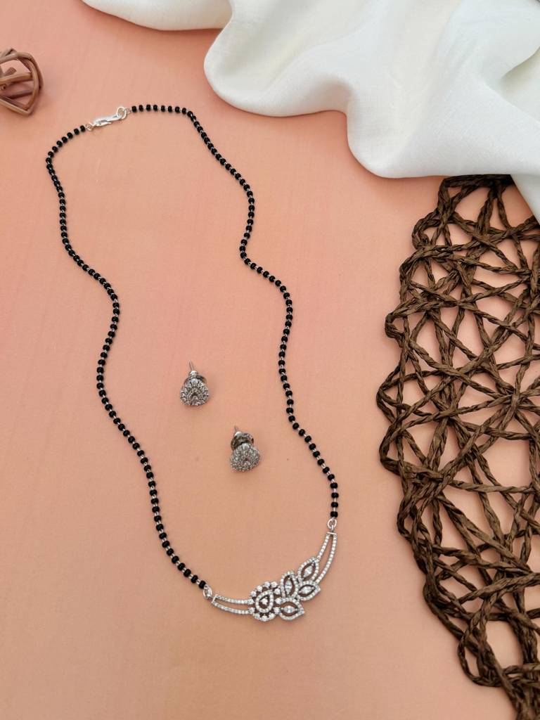 Silver Plated American Diamond Studded & Beaded Mangalsutra Set-Sppjmms18Sgoodr01 : SPPJMMS18SGoodR01
