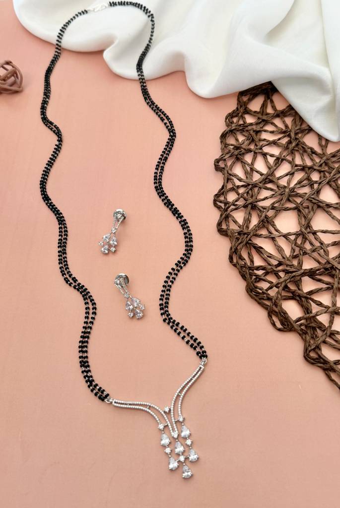 Silver Plated American Diamond Studded & Beaded Mangalsutra Set-Sppjmms30Dlongr01 : SPPJMMS30DLongR01