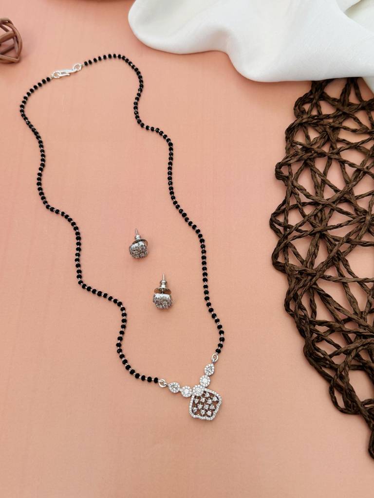 Silver Plated American Diamond Studded & Beaded Mangalsutra Set-Sppjmmsc18Sjivar01 : SPPJMMSC18SJivaR01