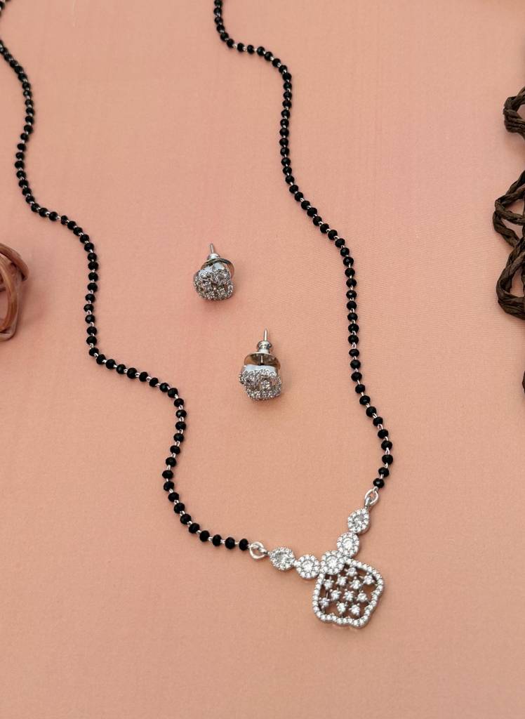 Silver Plated American Diamond Studded & Beaded Mangalsutra Set-Sppjmmsc18Sjivar01 : SPPJMMSC18SJivaR01