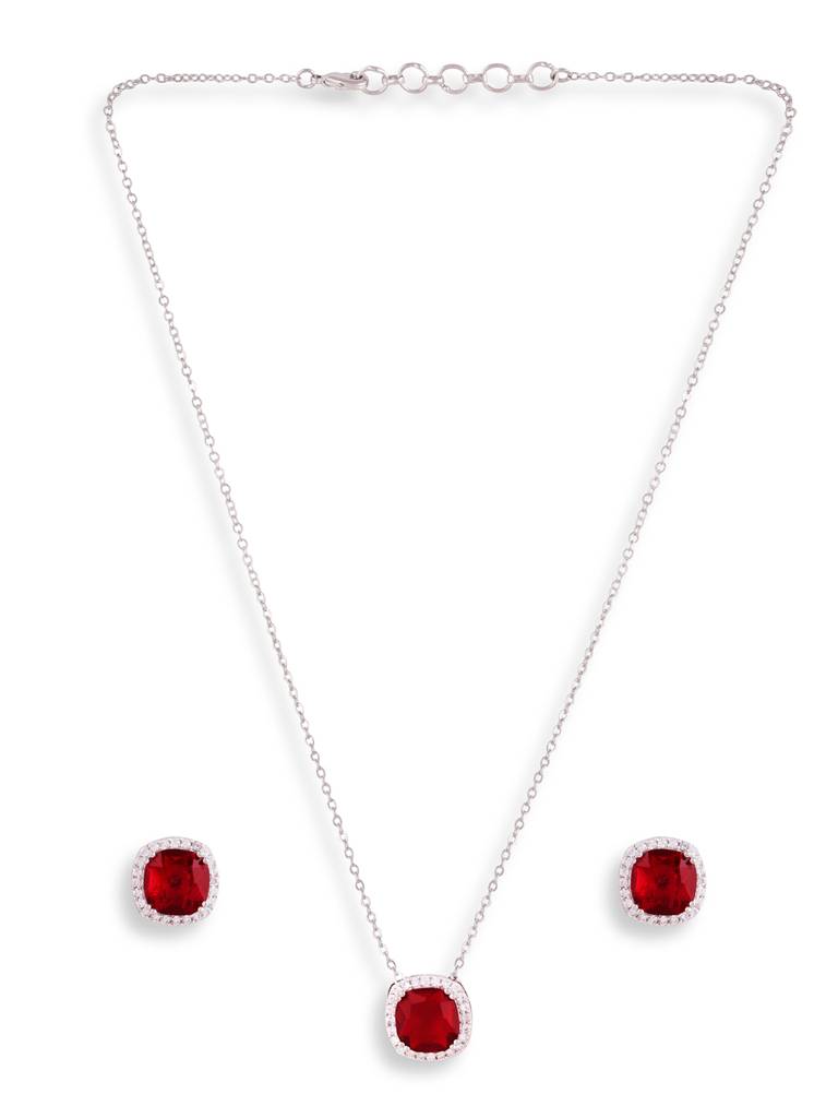 Ruby Silver American Diamond Chain With Pair Of Earrings : SPPSCuisineRed