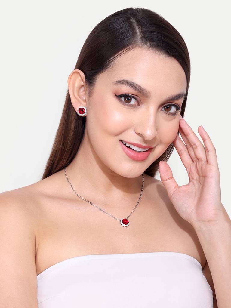 Ruby Silver American Diamond Chain With Pair Of Earrings : SPPSCuisineRed