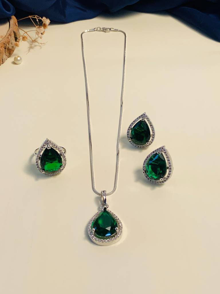 American Diamond Silver Necklace Set For Special Occasions : SPPSDeepComboGreen