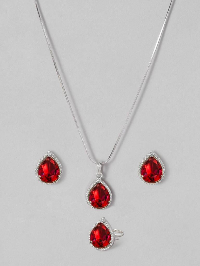 Graceful Silver Necklace Set With Shimmering American Diamonds : SPPSDeepComboRed