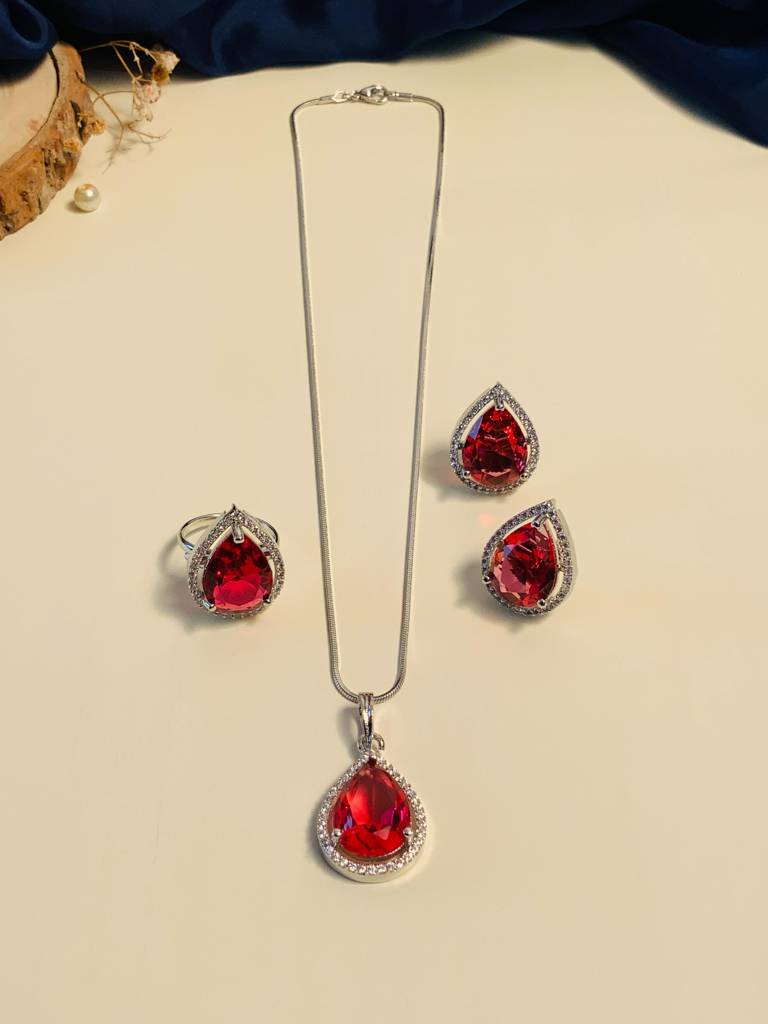 Graceful Silver Necklace Set With Shimmering American Diamonds : SPPSDeepComboRed