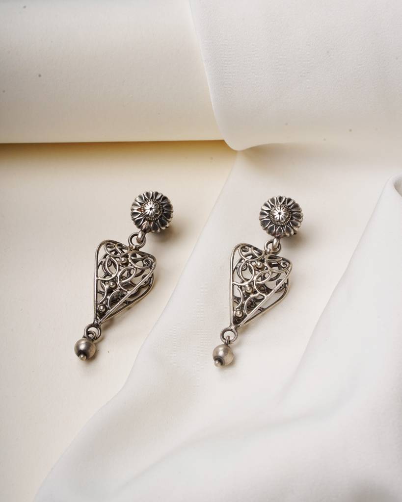 Floral Filigree Drop Earrings Oxidised Silver Silver