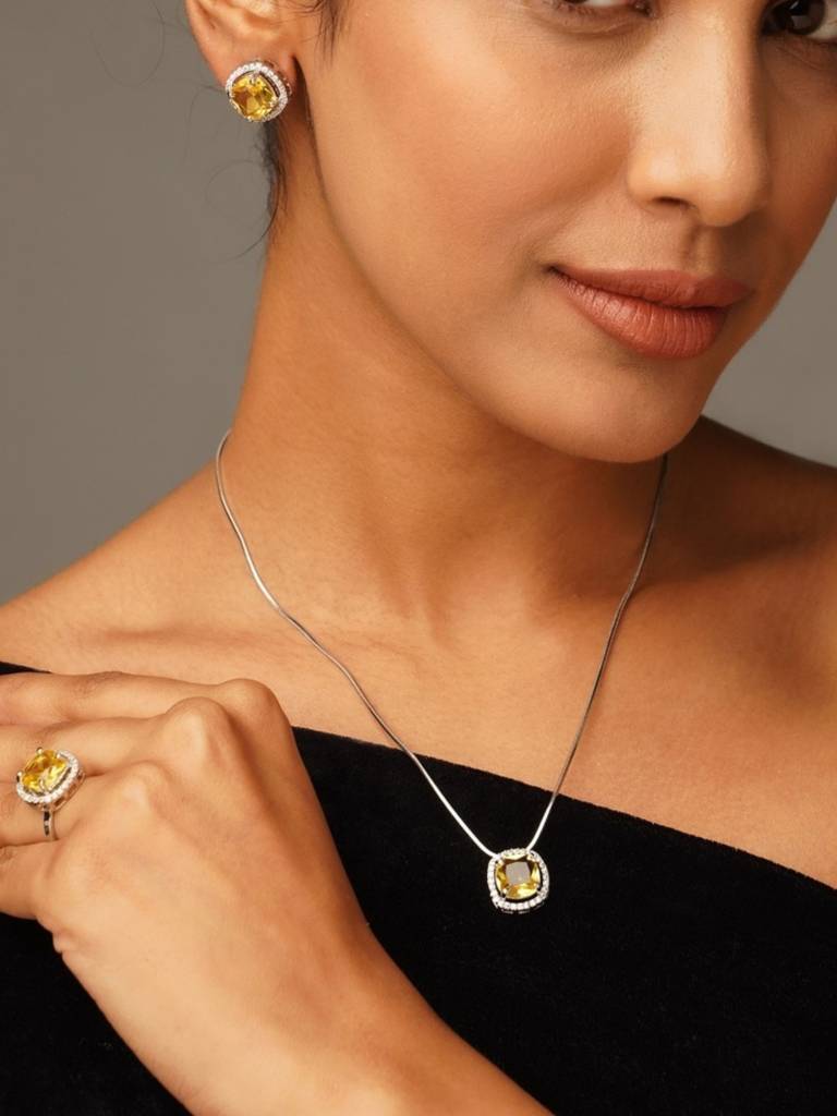 Sophisticated Silver Plated Yellow Diamond Pendant Set-Sppspeacecombocrystalyellowr01 : SPPSPeaceComboCrystalYellowR01