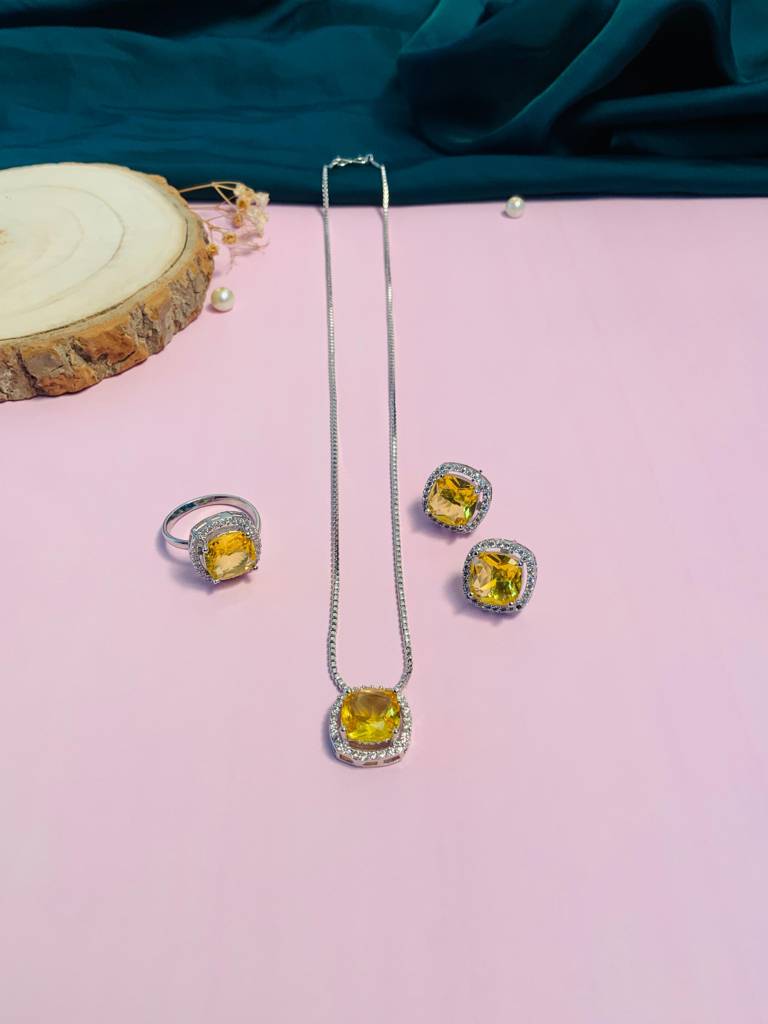 Sophisticated Silver Plated Yellow Diamond Pendant Set-Sppspeacecombocrystalyellowr01 : SPPSPeaceComboCrystalYellowR01