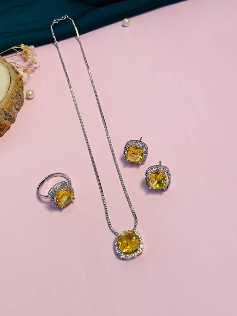 Sophisticated Silver Plated Yellow Diamond Pendant Set-Sppspeacecombocrystalyellowr01 : SPPSPeaceComboCrystalYellowR01