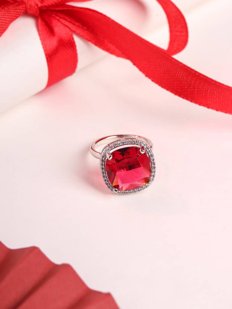 Silver Plated Red Ad Studded Adjustable Ring : ABDR02