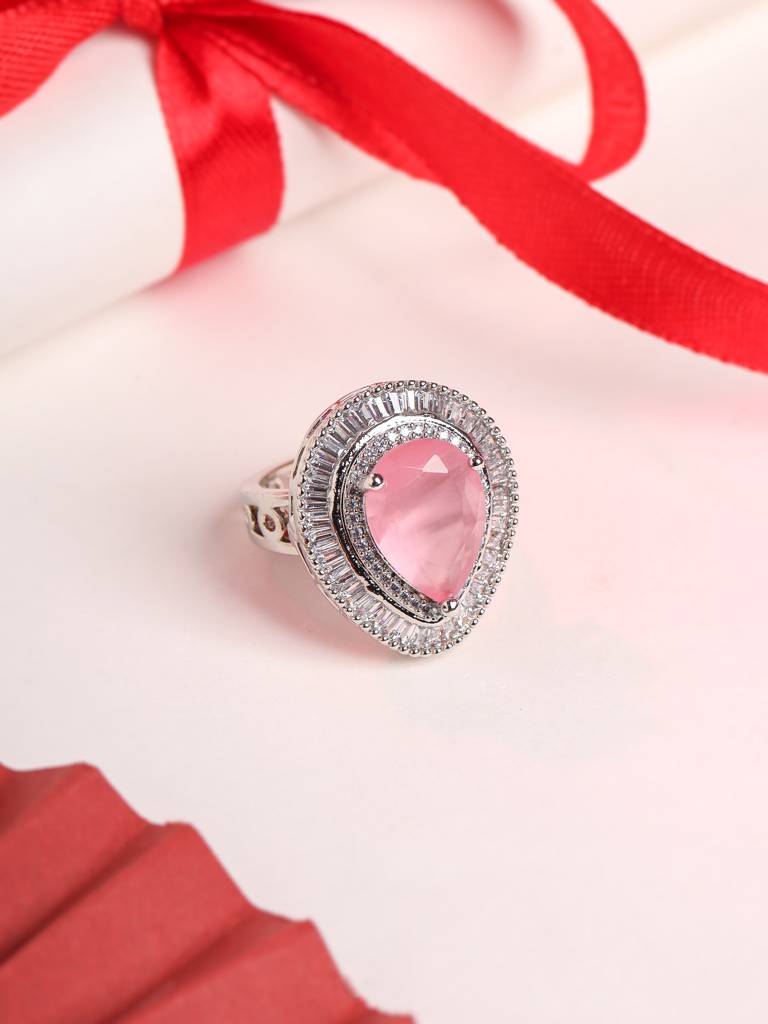 Silver Plated Pink Ad Studded Adjustable Ring : ABDR04