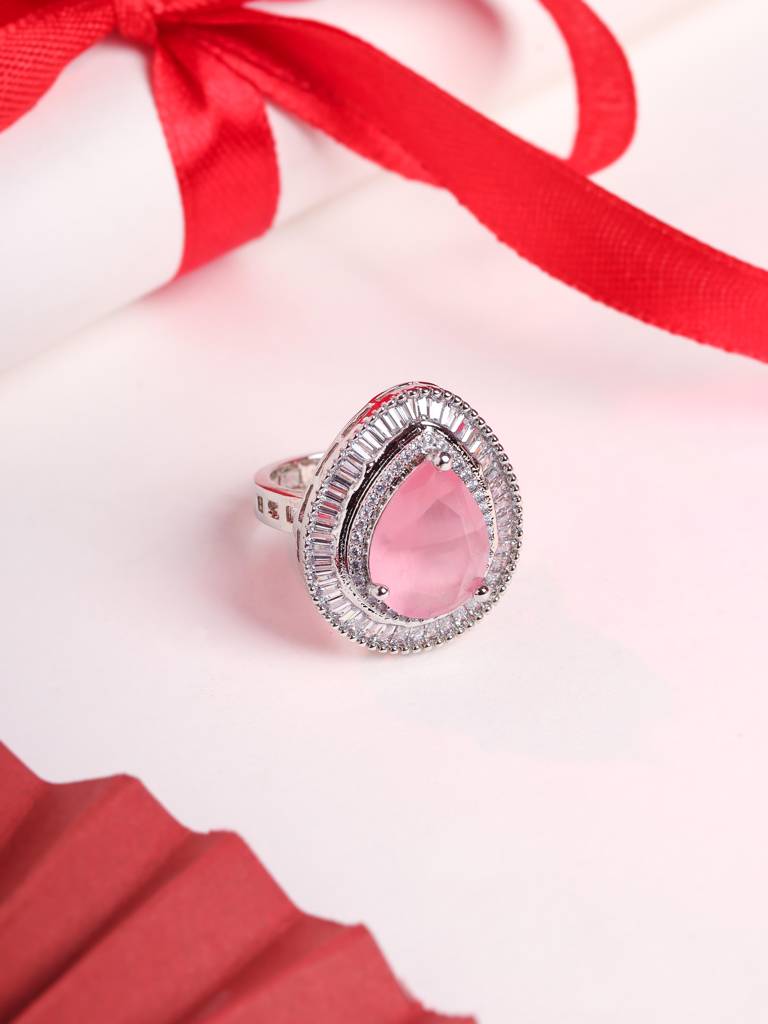 Silver Plated Pink Ad Studded Adjustable Ring : ABDR04