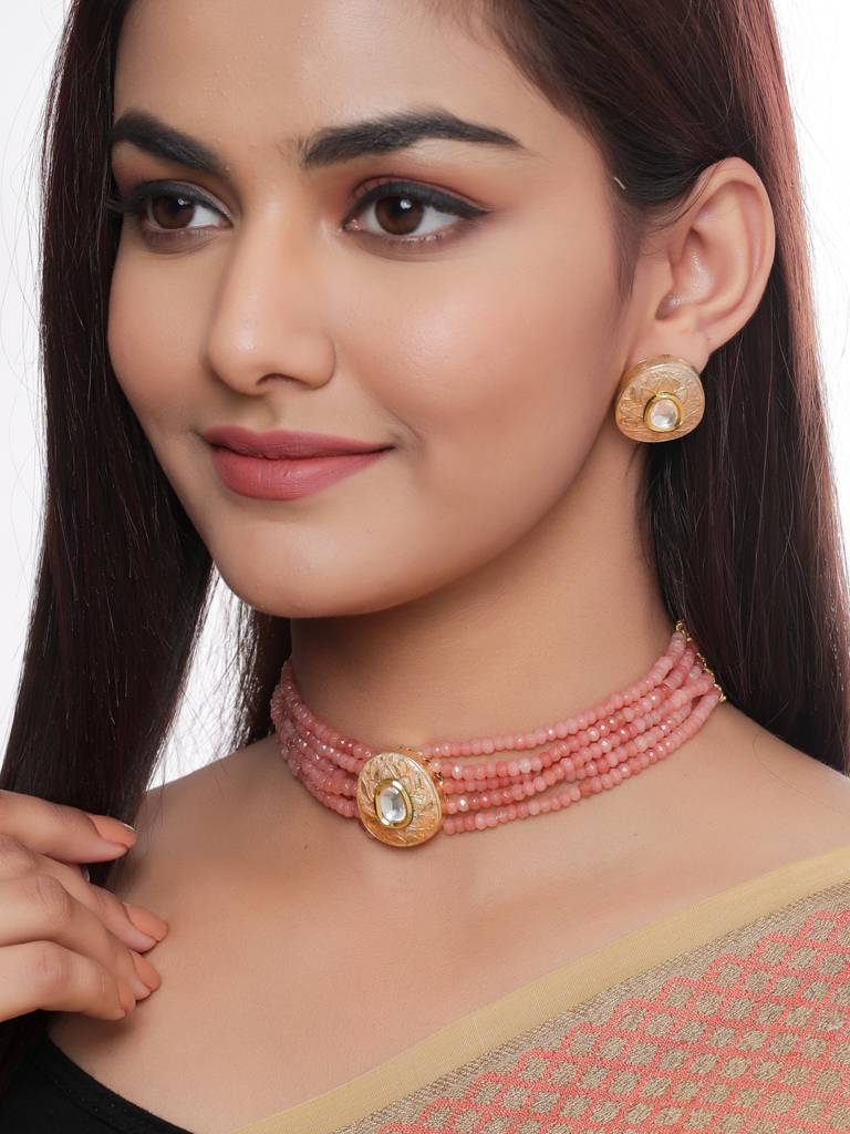 18K Gold Plated Pink Meenakari Choker Set : ABMJJS01