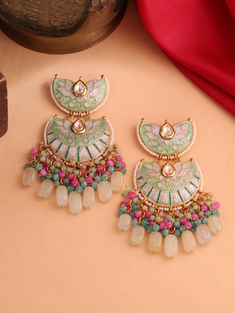 Mint Green & White 18K Gold Plated Meenakari Kundan Studded Handcrafted Chandbali : ABMJE14