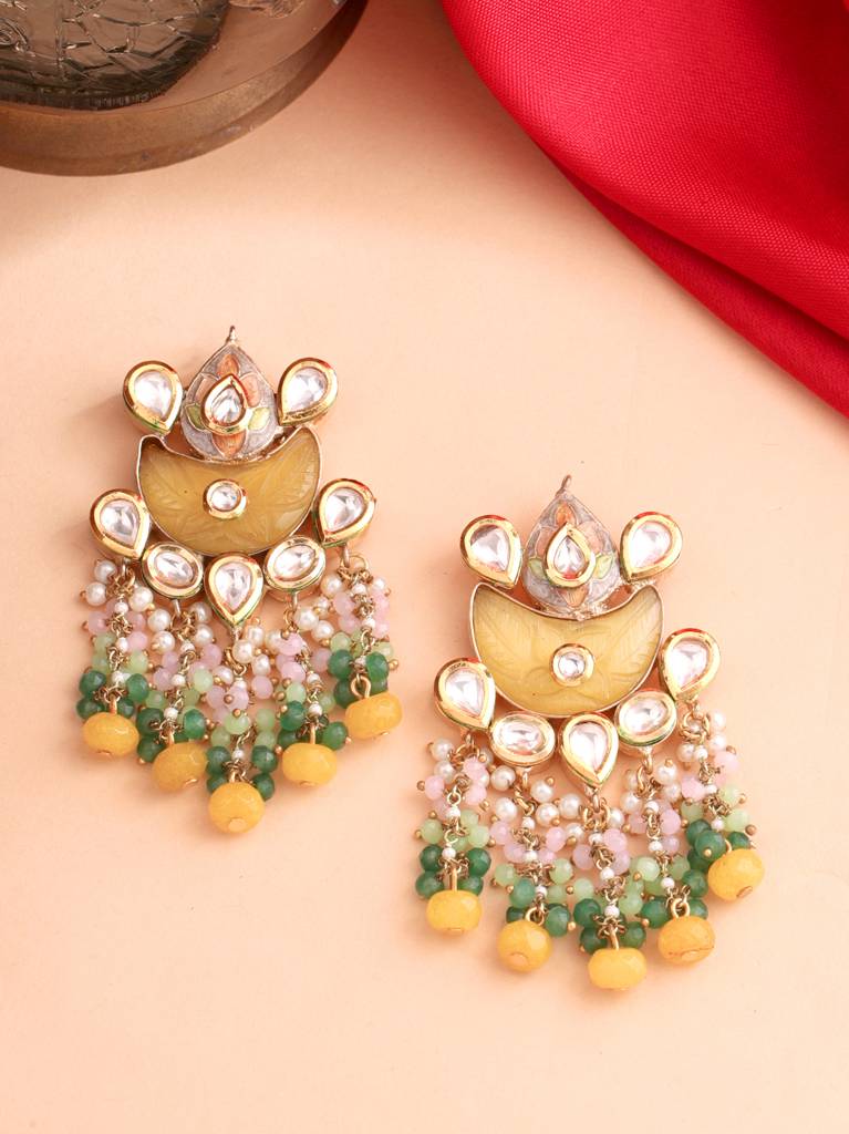 Yellow & Green 18K Gold Plated Meenakari Kundan Studded Handcrafted Chandbali : ABMJE10