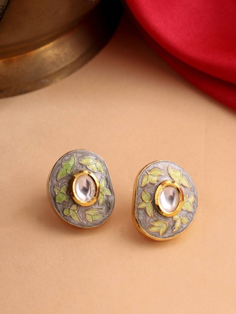 18K Gold Plated Handcrafted Meena Oval Grey Studs : ABMJE06