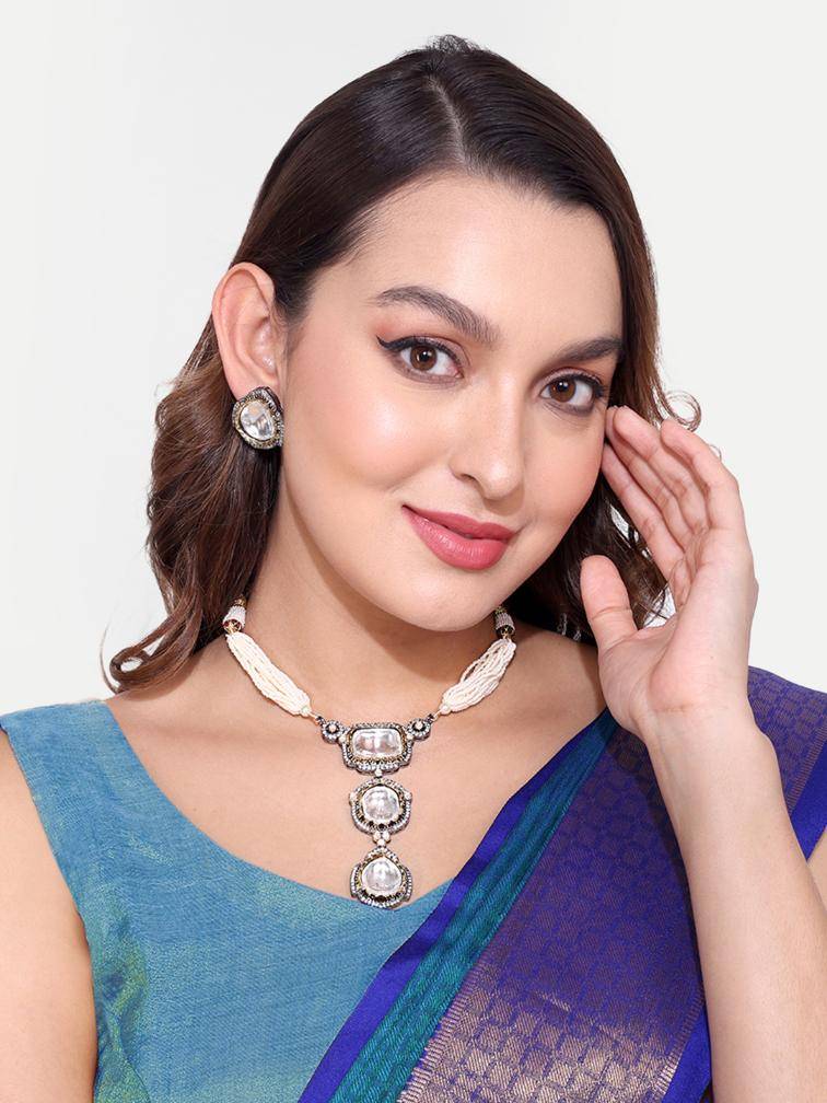 Designer Polki Silver Necklace Diamond Studded Set : SPPolkiNecklace1