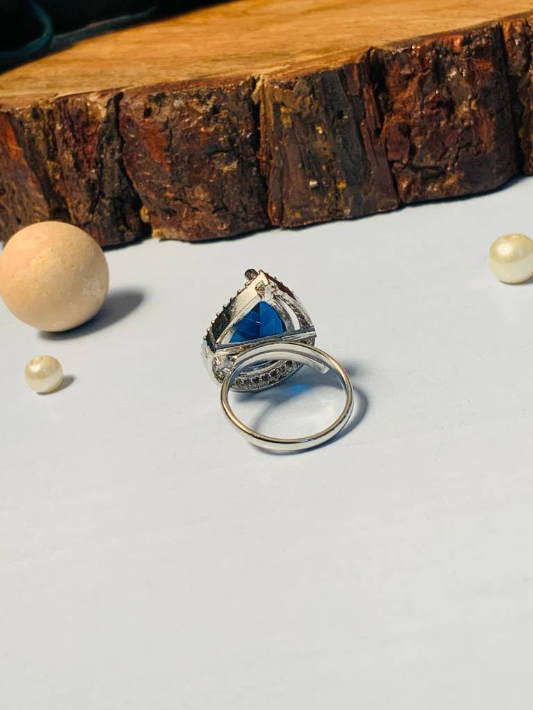 Bridal Solitaire Silver Plated American Diamond Ring : SPRingDropBlue22