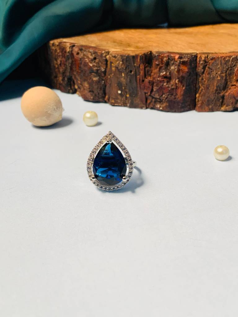 Bridal Solitaire Silver Plated American Diamond Ring : SPRingDropBlue22