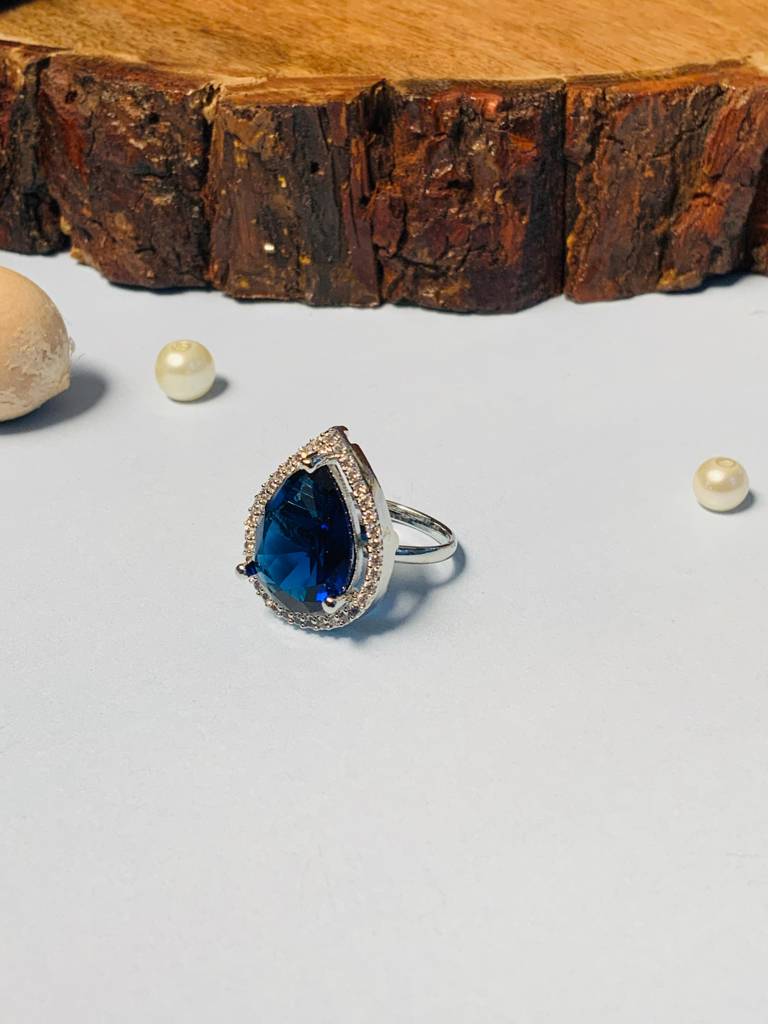 Bridal Solitaire Silver Plated American Diamond Ring : SPRingDropBlue22