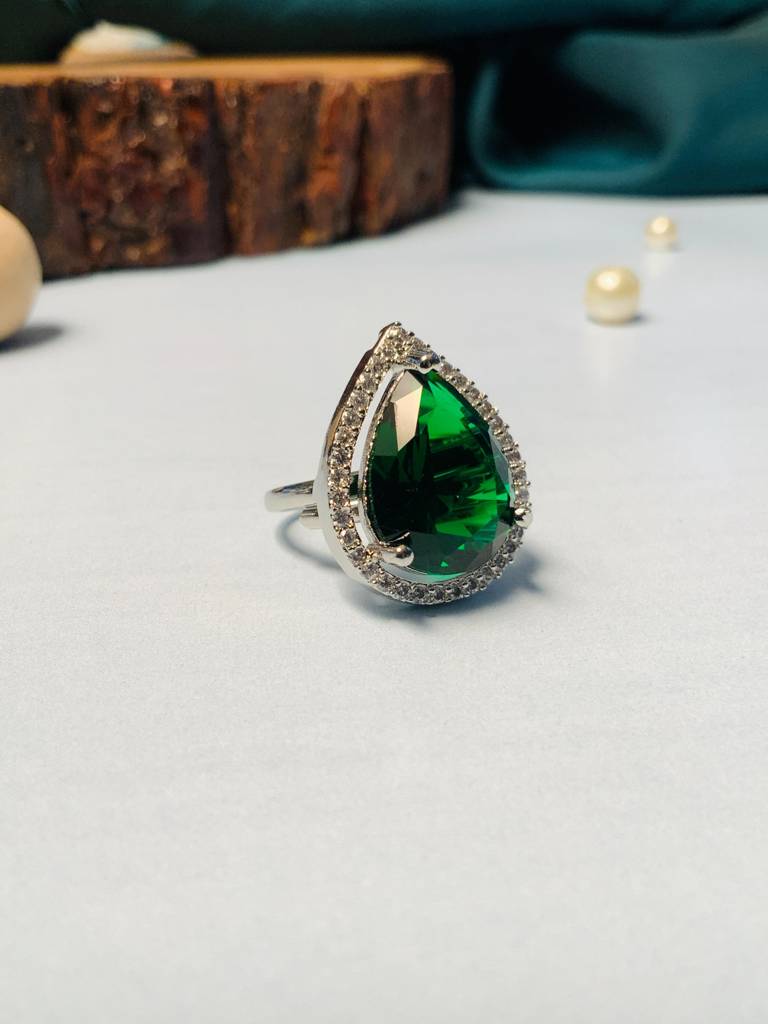 Cocktail Solitaire Silver Plated American Diamond Ring : SPRingDropGreen22