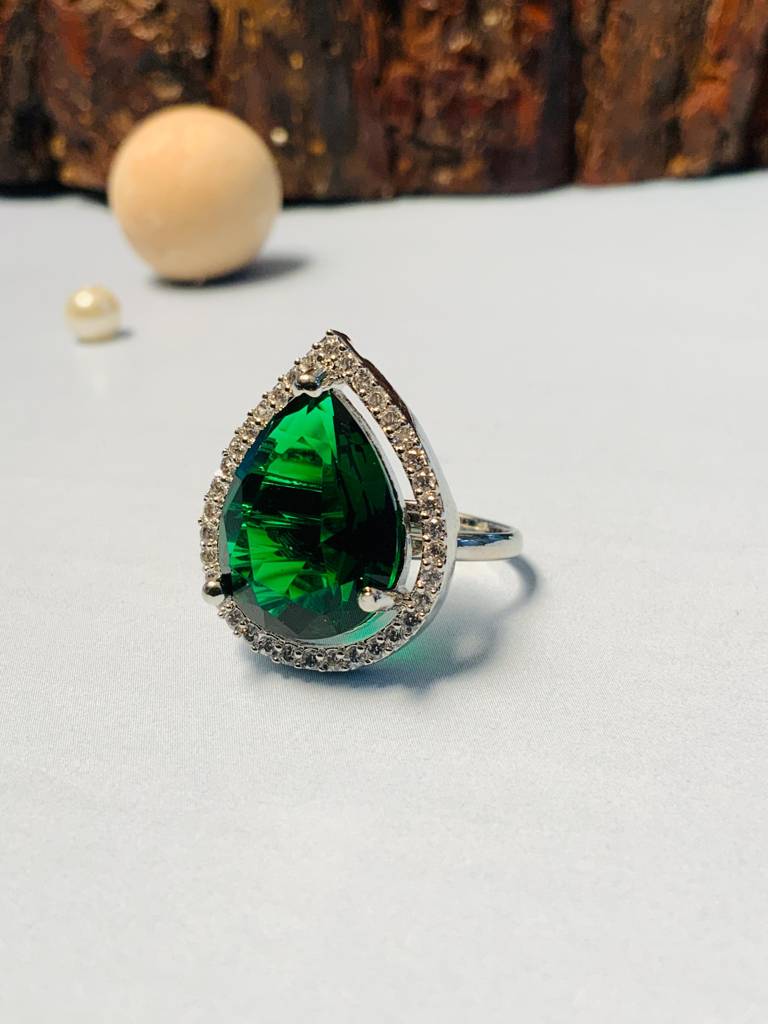 Cocktail Solitaire Silver Plated American Diamond Ring : SPRingDropGreen22