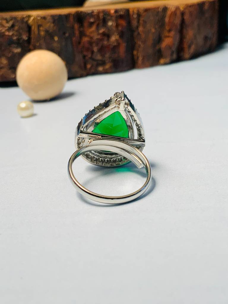 Cocktail Solitaire Silver Plated American Diamond Ring : SPRingDropGreen22