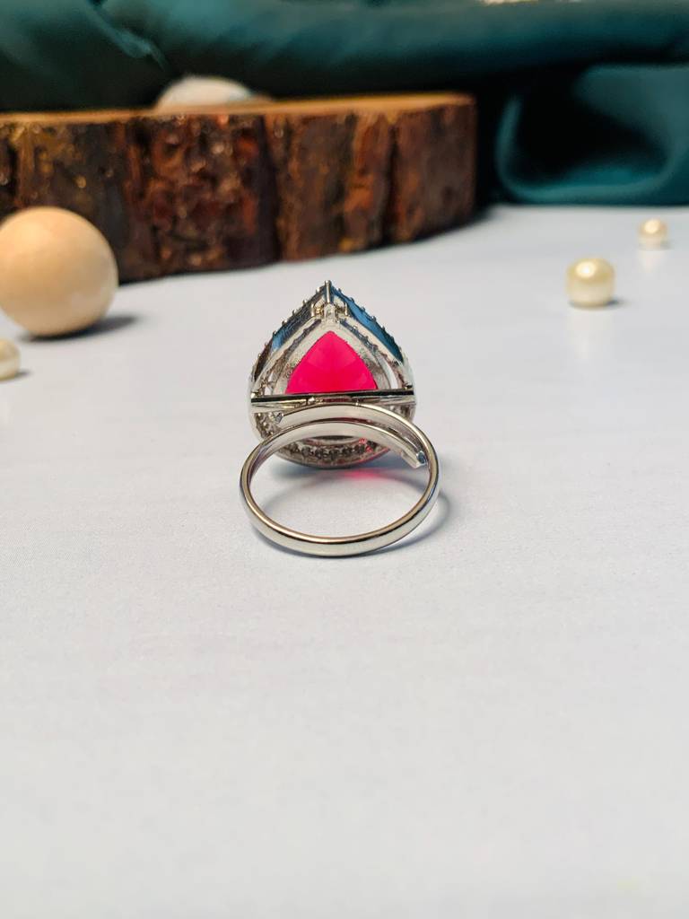 Wedding Solitaire Silver Plated American Diamond Ring : SPRingDropRed22