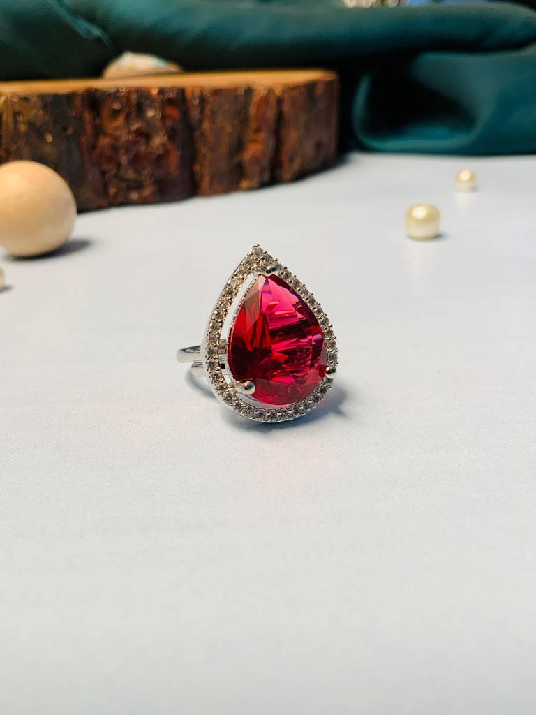 Wedding Solitaire Silver Plated American Diamond Ring : SPRingDropRed22