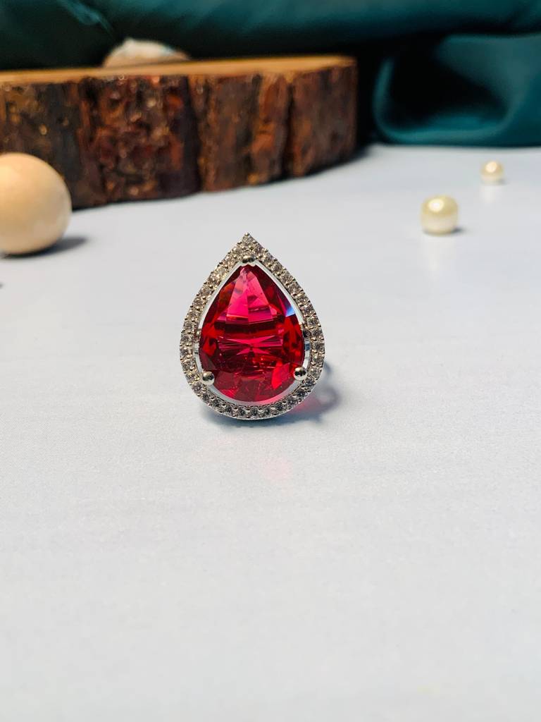 Wedding Solitaire Silver Plated American Diamond Ring : SPRingDropRed22