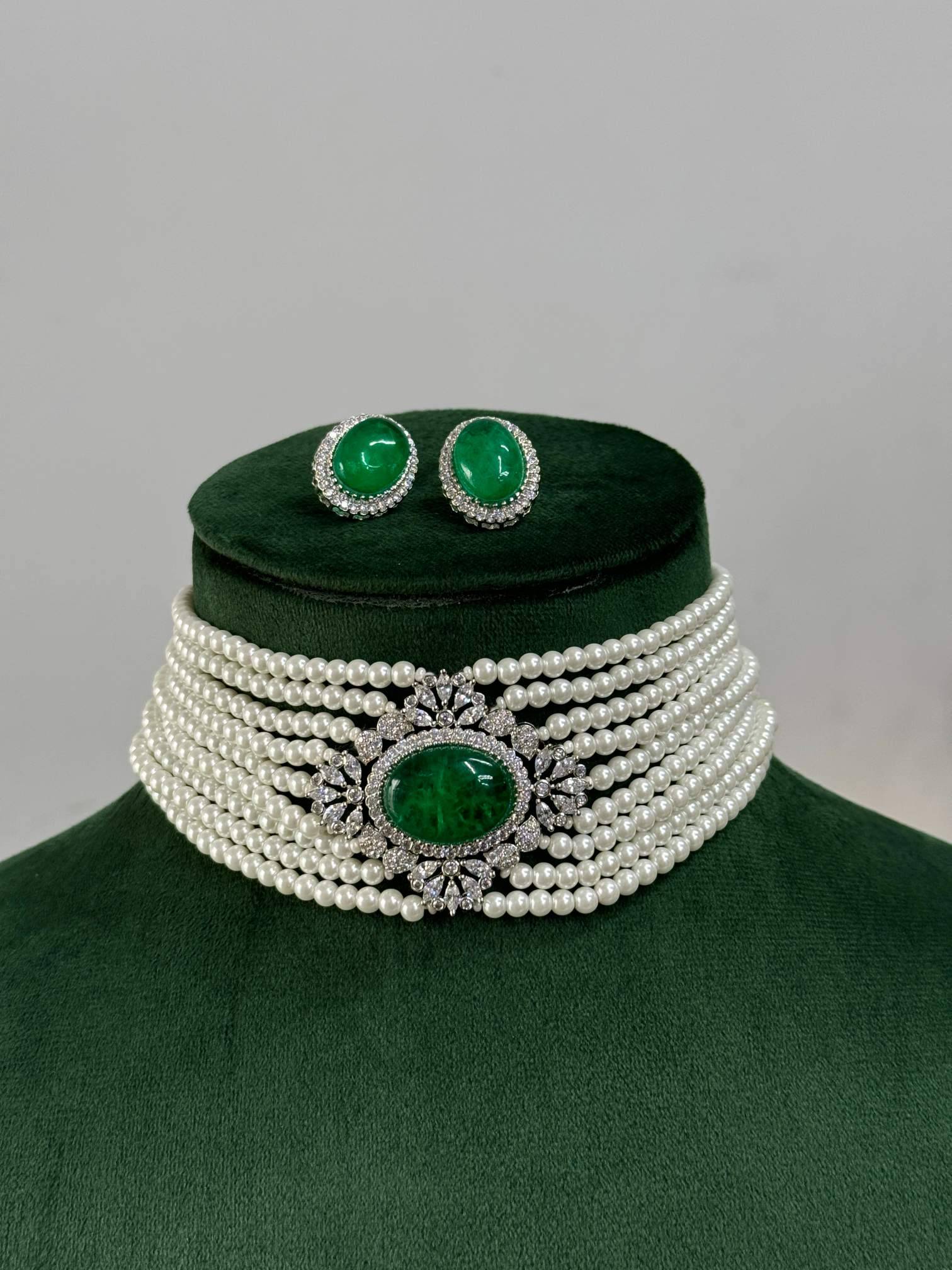 Embellished Silver Plated Pearl Choker Necklace Set : SPSJChokerParadiseGreen