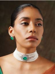 Embellished Silver Plated Pearl Choker Necklace Set : SPSJChokerParadiseGreen
