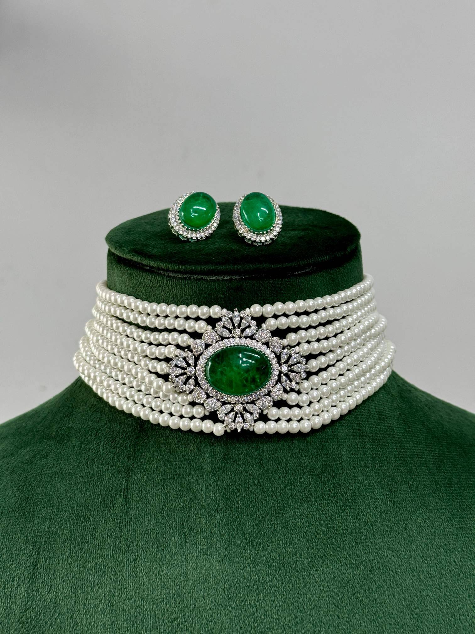 Embellished Silver Plated Pearl Choker Necklace Set : SPSJChokerParadiseGreen