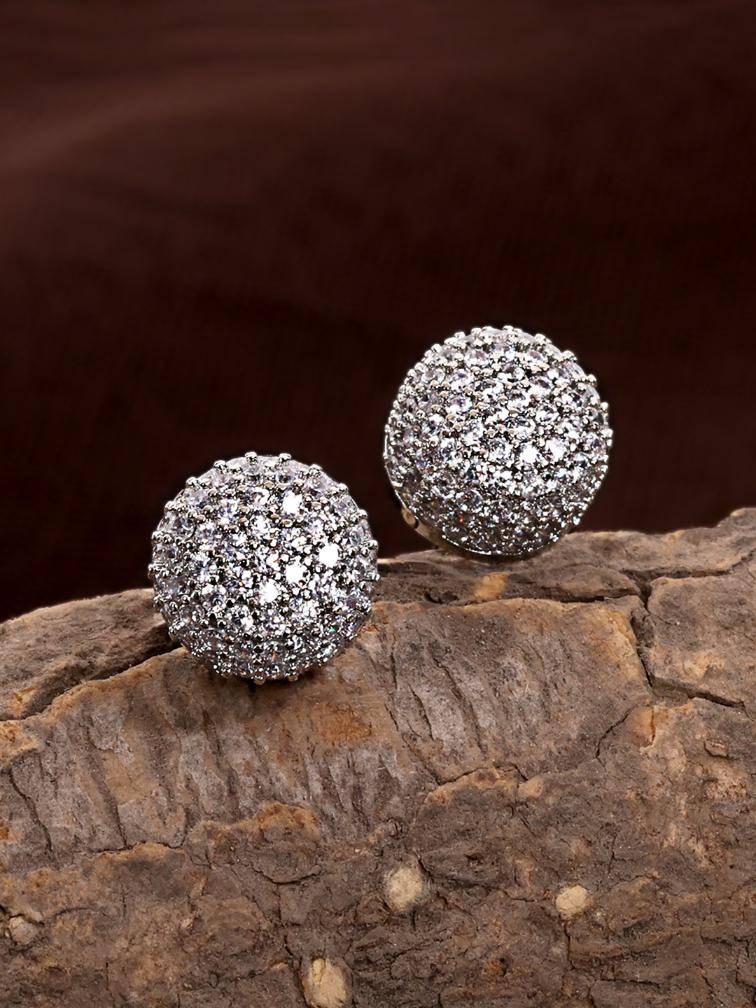 Silver Plated Round American Diamond Stud : SPStudDiscoBall