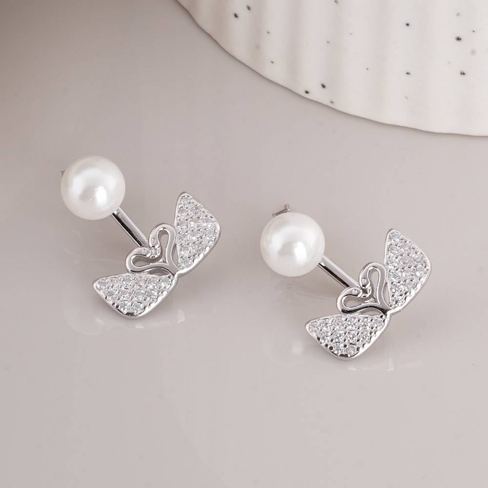 925 Sterling Silver Pearl & Swan Earrings : SRWER13
