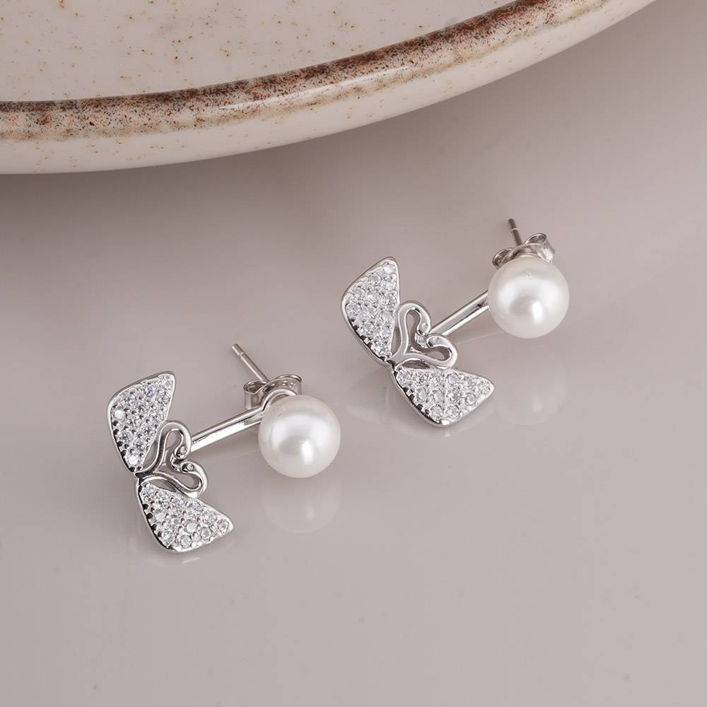 925 Sterling Silver Pearl & Swan Earrings : SRWER13