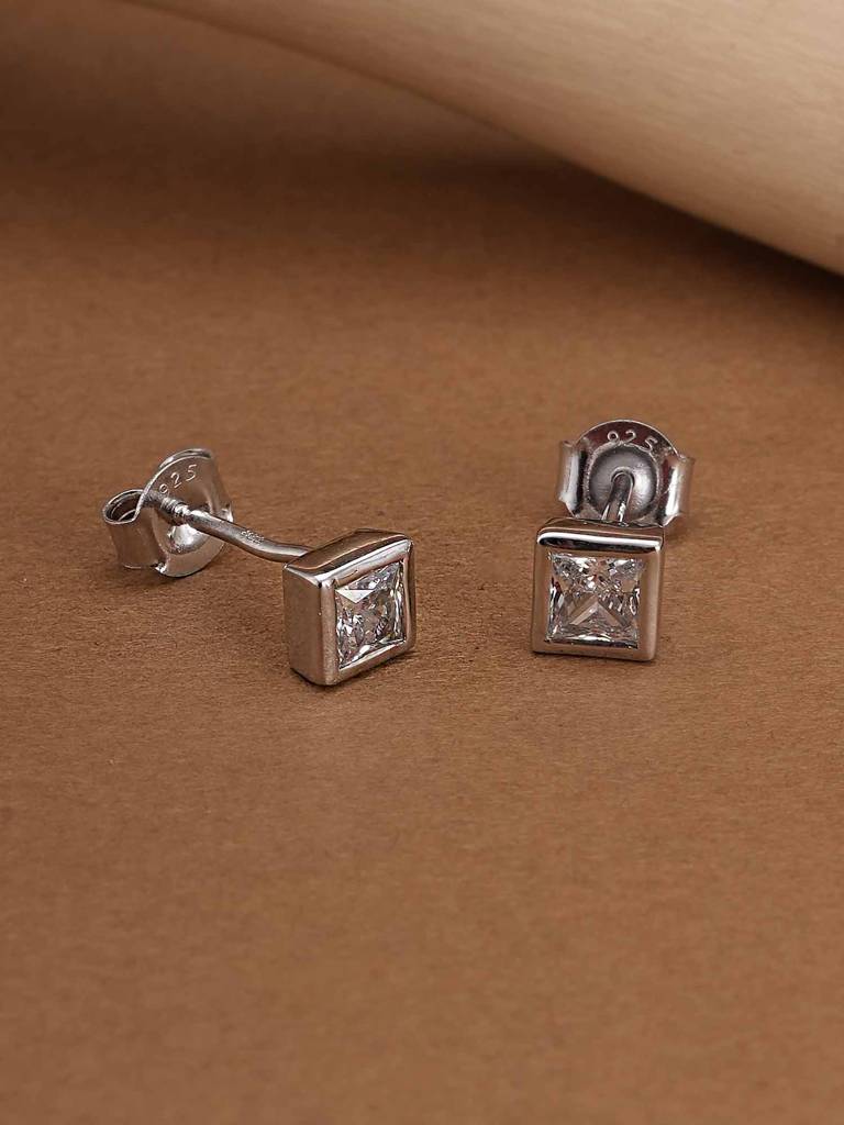925 Sterling Silver Princess Cut Sparkler Studs : SRWER18