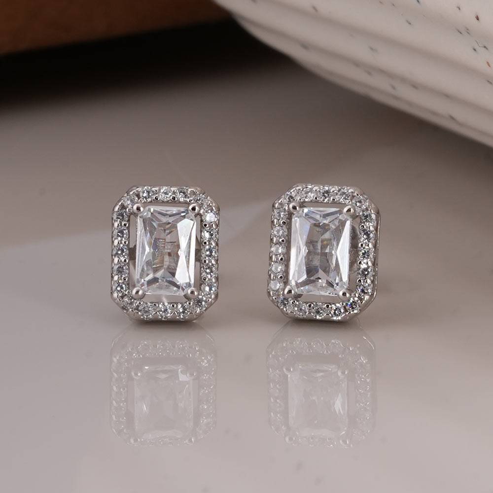 925 Sterling Silver Emerald Cut Crystal Stud Earrings : SRWER3