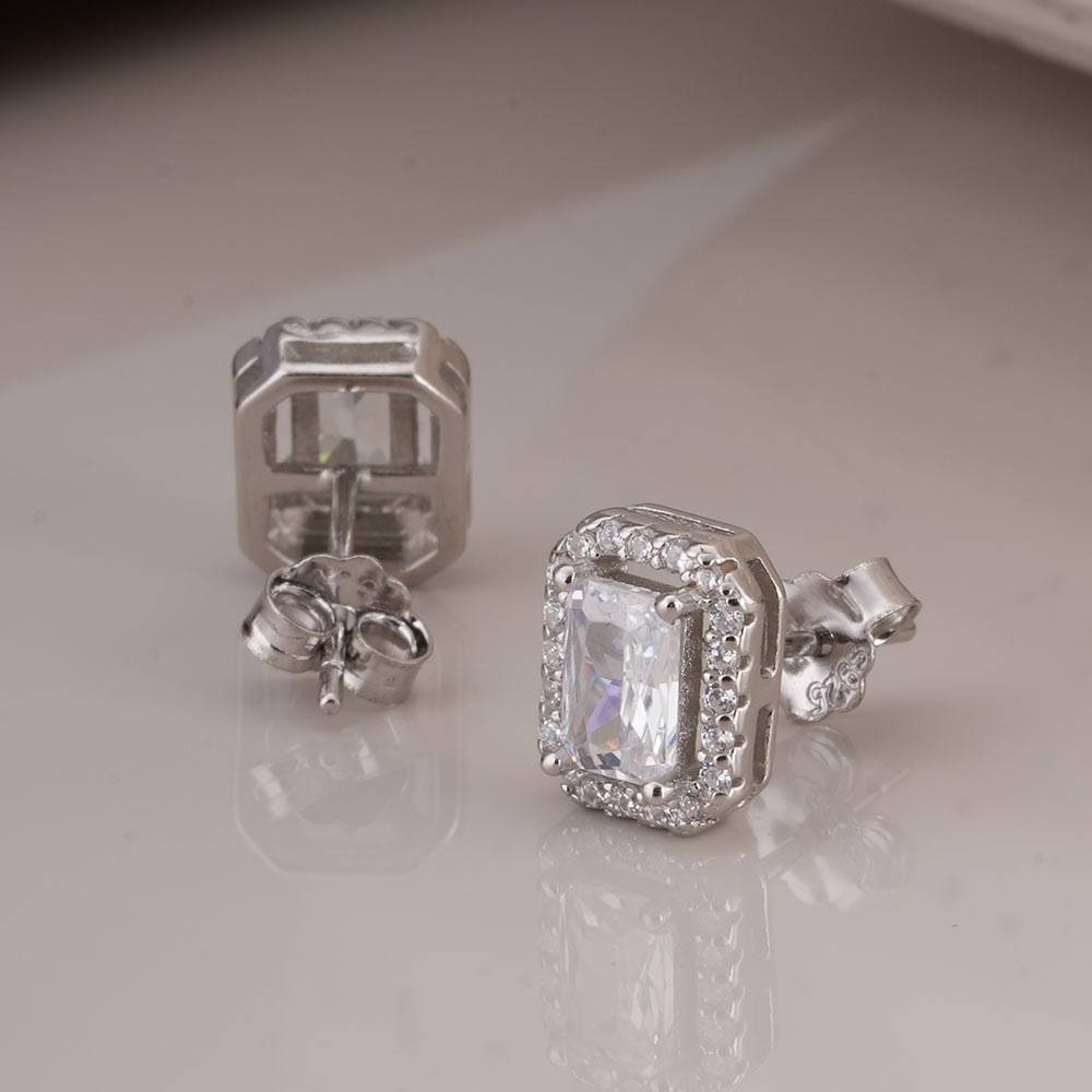 925 Sterling Silver Emerald Cut Crystal Stud Earrings : SRWER3