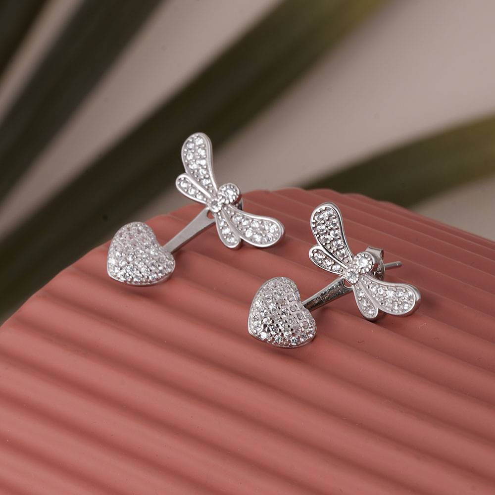 925 Sterling Silver Dragonfly With Heart Earrings : SRWER9