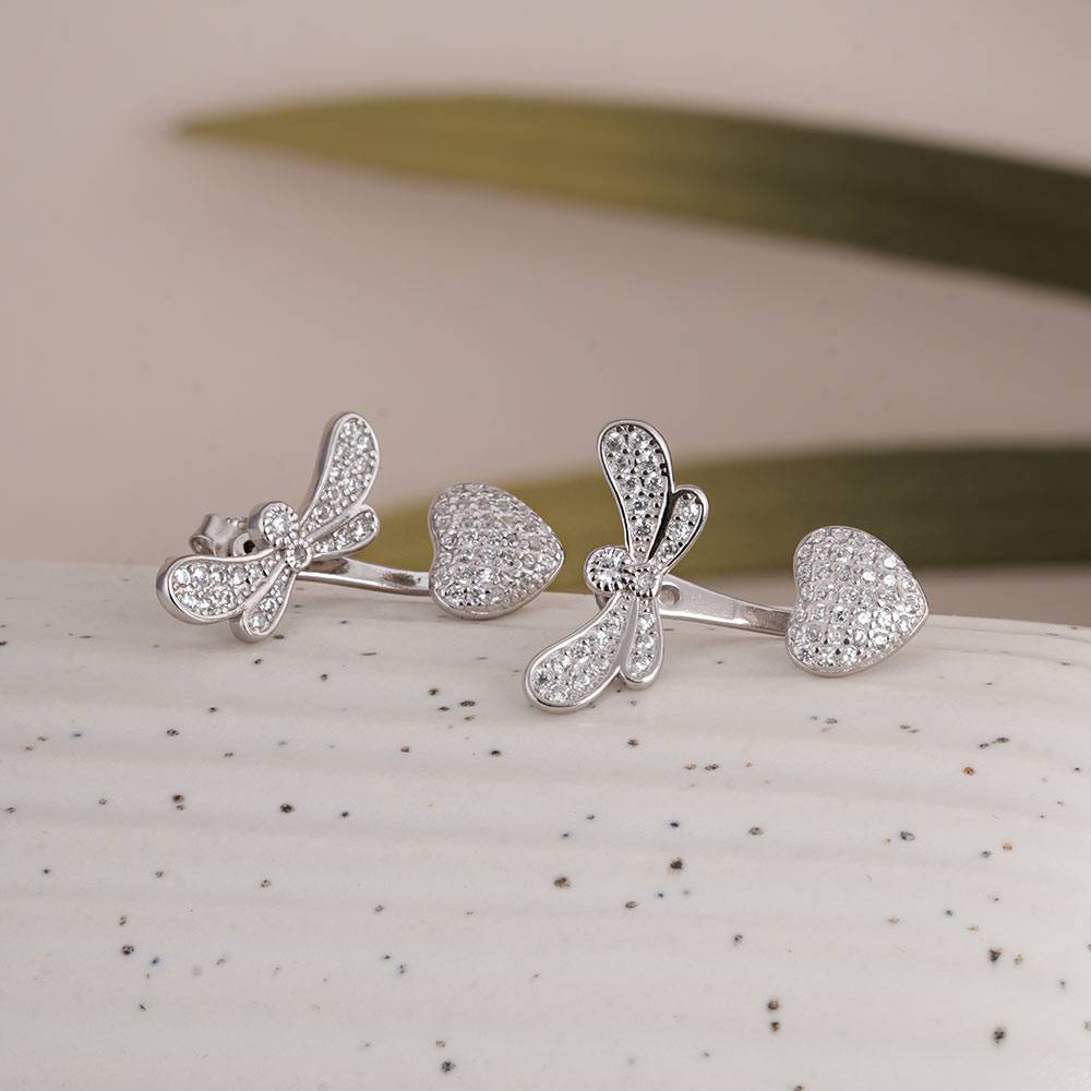 925 Sterling Silver Dragonfly With Heart Earrings : SRWER9