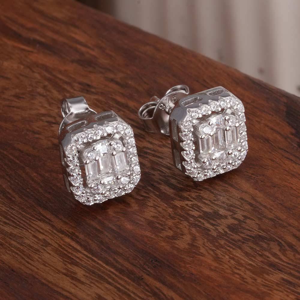 925 Sterling Silver Emerald Cut Crystal Pendant & Earring Set : SRWJS2