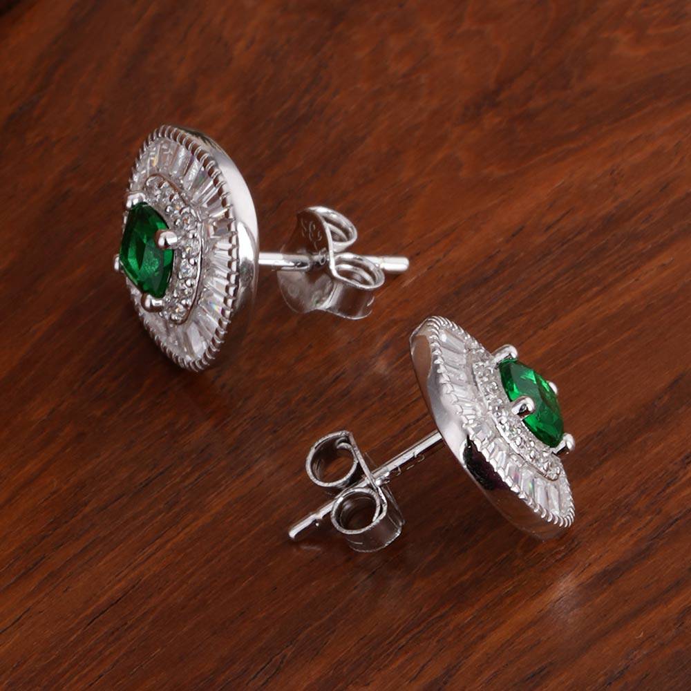 925 Sterling Silver Green Crystal Halo Pendant Earring Set : SRWJS5