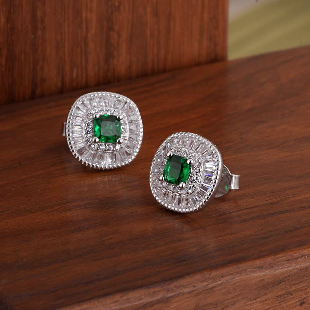 925 Sterling Silver Green Crystal Halo Pendant Earring Set : SRWJS5