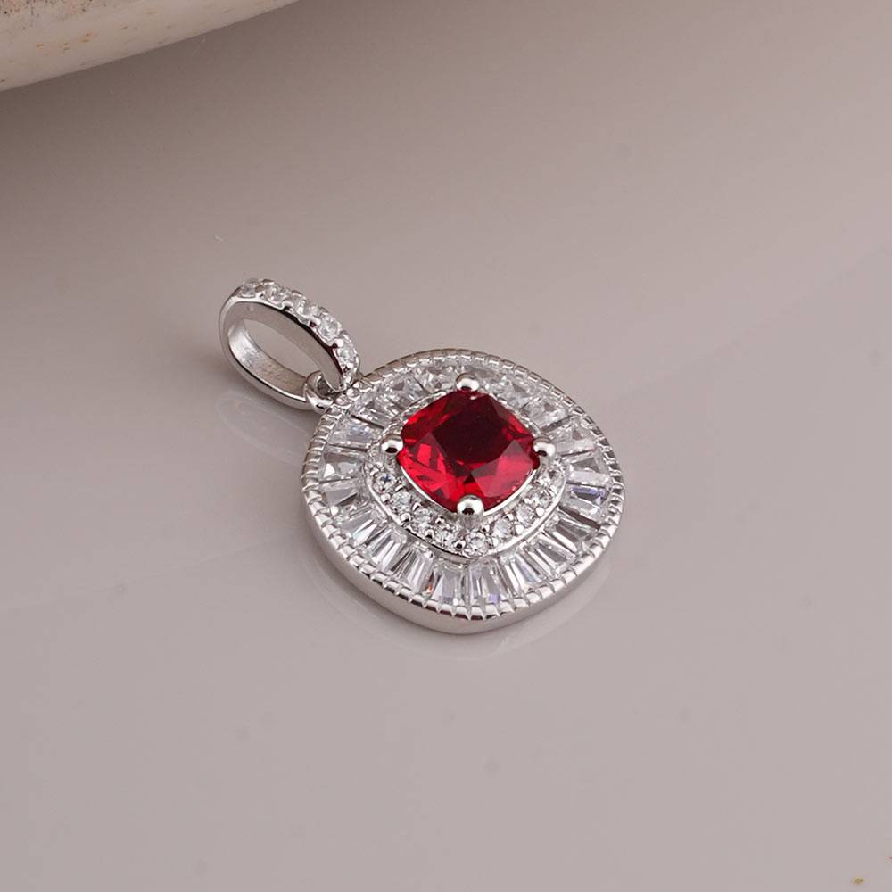 925 Sterling Silver Red Crystal Halo Pendant Earring Set : SRWJS6