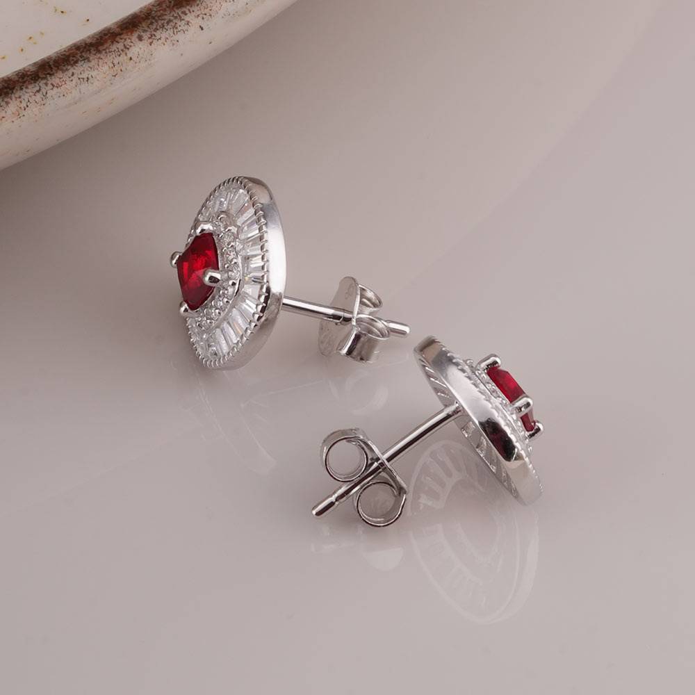 925 Sterling Silver Red Crystal Halo Pendant Earring Set : SRWJS6
