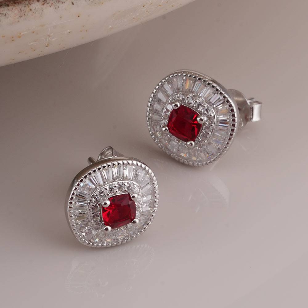 925 Sterling Silver Red Crystal Halo Pendant Earring Set : SRWJS6