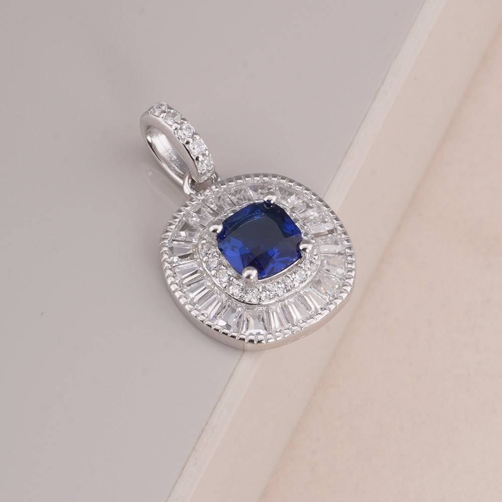 925 Sterling Silver Blue Crystal Halo Pendant Earring Set : SRWJS7